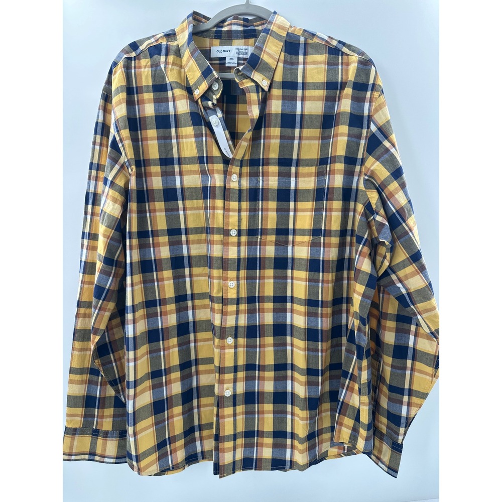 Old Navy Everyday Shirt Mens XXL Yellow Navy Plaid Built-In Flex Button Down